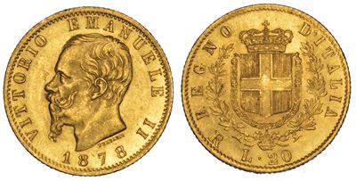 Regno D’italia. Vittorio Emanuele II di Savoia, 1861-1878. 20 Lire 1878. Roma.