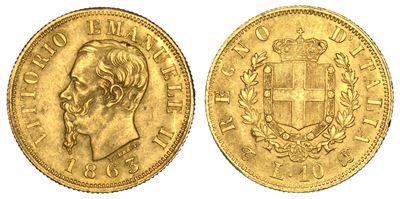 Regno D’italia. Vittorio Emanuele II di Savoia, 1861-1878. 10 Lire 1863. Torino.