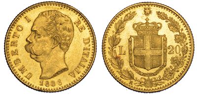 Regno D’italia. Umberto i di Savoia, 1878-1900. 20 Lire 1886.