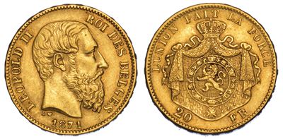 Belgio. Leopold II, 1865-1909. 20 Francs 1871.