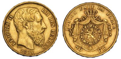 Belgio. Leopold II, 1865-1909. 20 Francs 1874.