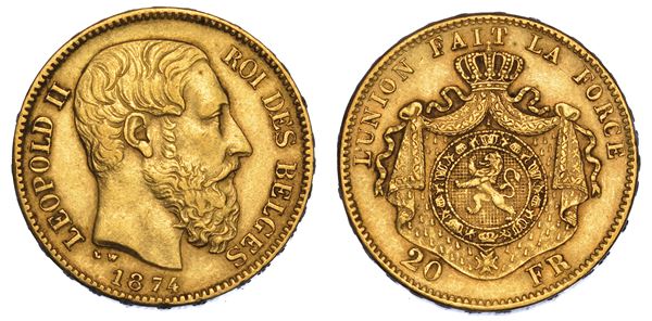 BELGIO. LEOPOLD II, 1865-1909. 20 Francs 1874.