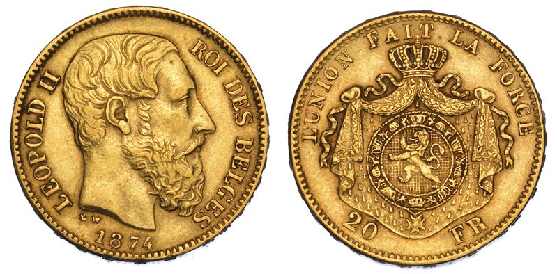 BELGIO. LEOPOLD II, 1865-1909. 20 Francs 1874.  - Auction Numismatics - Cambi Casa d'Aste