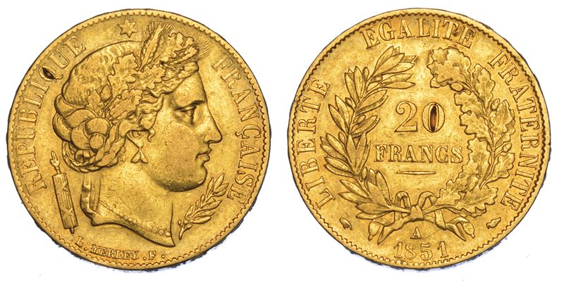 FRANCIA. DEUXIEME REPUBLIQUE, 1848-1852. 20 Francs 1851. Parigi.  - Auction Numismatics - Cambi Casa d'Aste