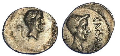 Marco Antonio e Giulio Cesare. Denario, Zecca Itinerante con M. Antonio in Gallia Cisalpina, Fine...