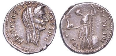 Giulio Cesare - P. Sepullius Macer. Denario, Anno 44 a.C.
