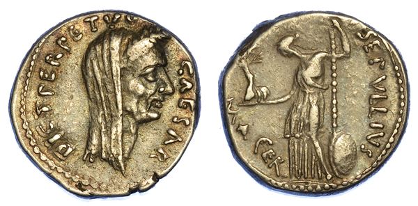 GIULIO CESARE - P. SEPULLIUS MACER. Denario, anno 44 a.C.