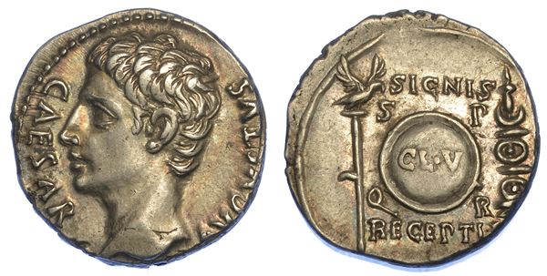 OTTAVIANO AUGUSTO, 27 a.C. - 14 d.C. Denario, anno 19 a.C. Colonia Patricia (?)