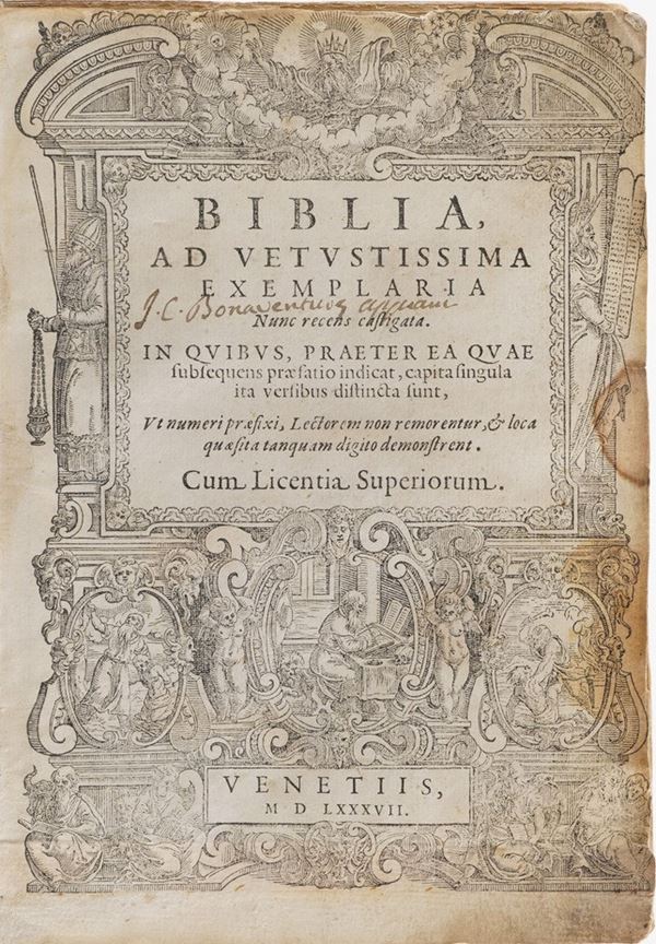 Bibbia latina figurata Biblia ad vetustissima exemplaria nunc recens castigata...Venetiis, (Hieronymus Polus), 1587.