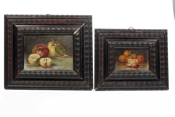 Pittore del XIX-XX secolo Due nature morte con mele e arance