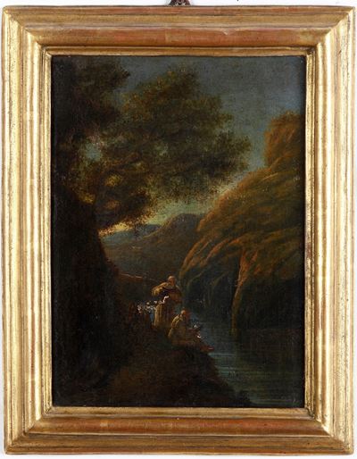 Scuola del XVIII Secolo Paesaggio con Monaci