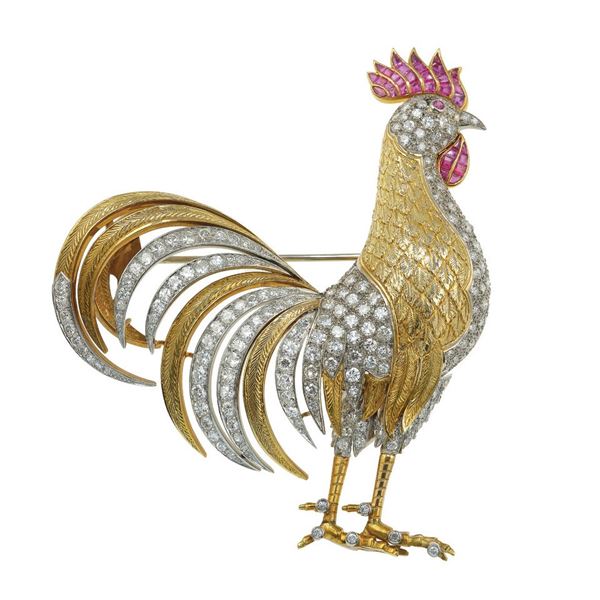 Ruby, diamond and gold "rooster" brooch