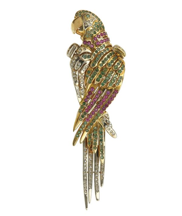 Spilla "pappagallo" con smeraldi, diamanti e rubini