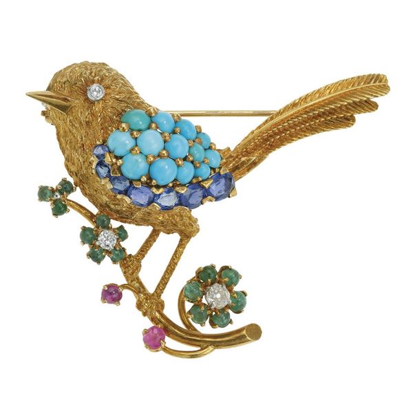 Spilla "uccellino" con turchesi, diamanti e gem-set