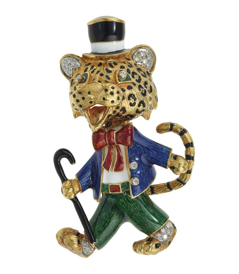 Diamond, enamel and gold "leopard" brooch  - Auction Vintage Jewellery - Cambi Casa d'Aste