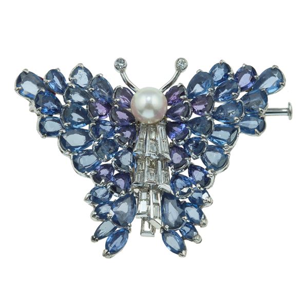 Diamond, sapphire, cultured pearl and low karat gold "butterfly" brooch