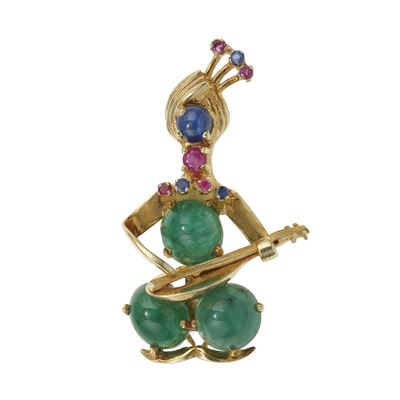 Spilla “musicista” in oro giallo 14 K, con smeraldi, rubini e zaffiri