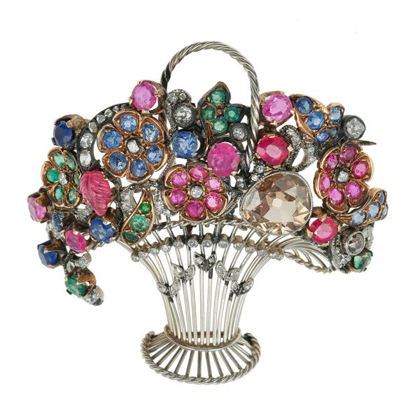 Spilla "cestino di fiori" con diamanti, rubini, smeraldi e zaffiri