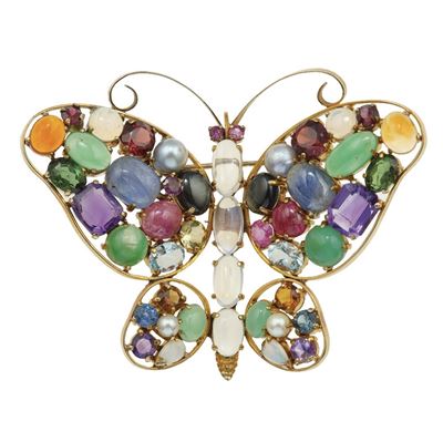 Spilla a farfalla con gem-set, montatura in oro giallo 750/1000