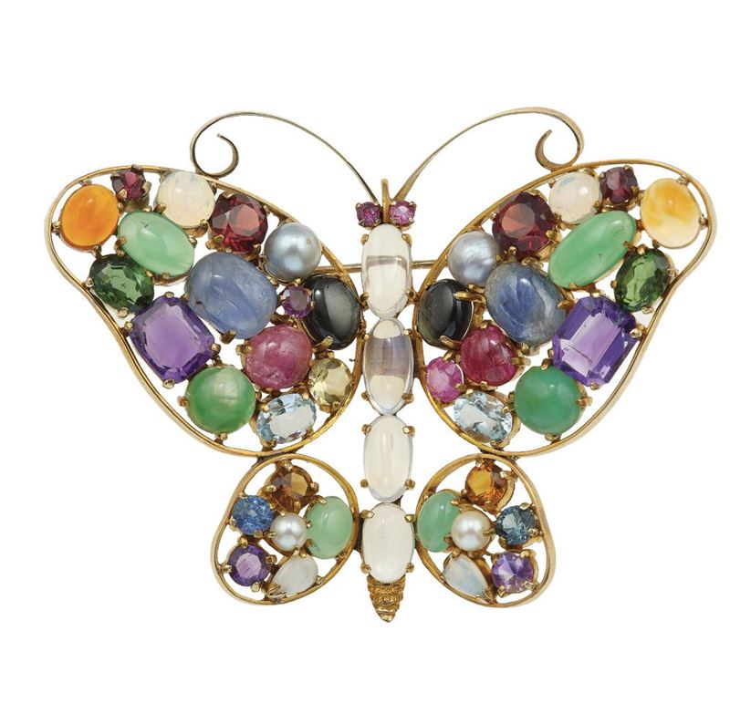 Gem-set and gold "butterfly" brooch  - Auction Vintage Jewellery - Cambi Casa d'Aste