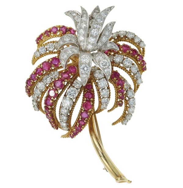 Ruby, diamond and gold brooch. Signed Tiffany & Co.