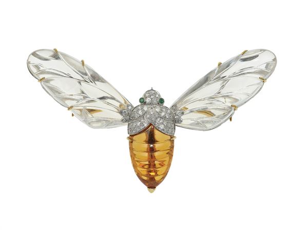 Rock crystal quartz, citrine, diamond, emerald and low karat gold “moth” brooch
