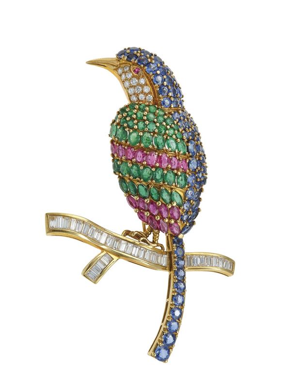 Spilla "uccellino" con diamanti, rubini, smeraldi e zaffiri