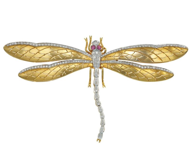 Diamond, ruby and gold "dragonfly" brooch  - Auction Vintage Jewellery - Cambi Casa d'Aste