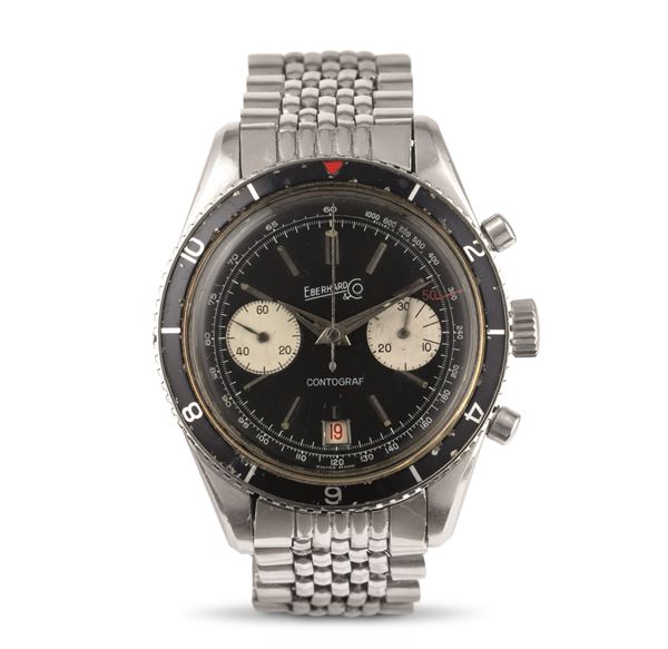 Eberhard &amp; Co - Rare Contograf ref 14901 steel, pump pushers chronograph with date display, black dial and revolving bezel