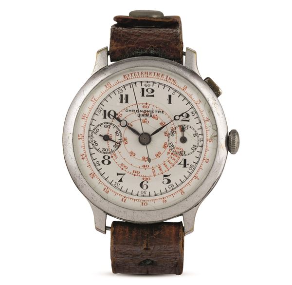 Cronografo monopulsante in acciaio, quadrante bianco con lancette Breguet e contatori al tre e al nove, carica manuale, 42 mm