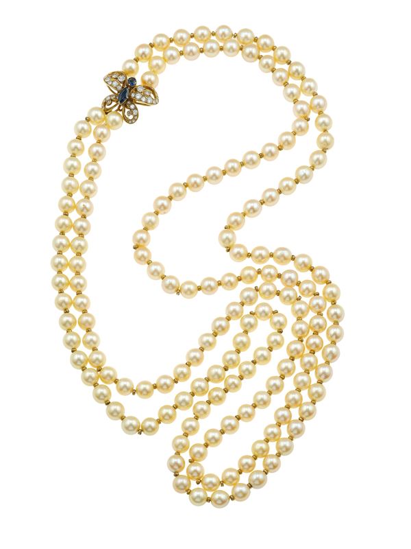 Cultured pearl, gold, diamond and sapphire necklace