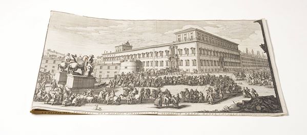Wouters Gomar (1649 – 1696) La piazza del popolo abbellita con li nuovi edifici et veduta della città di Roma come si trova al presente - Prospetto del palazzo pontificio nel Quitinale detto monte cavallo, Roma, Domenico De Rossi, 1692.