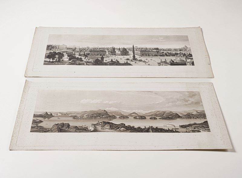Roma - Lago Maggiore Due grandi vedute incise all'acquatinta raffiguranti Roma e uno scorcio di lago (presumibilmente lago maggiore). Senza indicazione tipografica, metà secolo XVIII.   - Asta Stampe, Vedute e Carte Geografiche - Cambi Casa d'Aste
