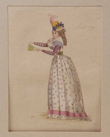 Teatro e teatro della moda Bella raccolta di quarantasei incisioni in coloritura coeva raffiguranti figurine di moda e personaggi legati al mondo del teatro.