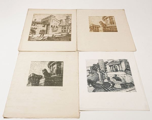 Martinenghi Giuseppe Roberto (Londra, 27 dicembre 1894 – Milano, 13 ottobre 1970) Settantadue stampe multiple in xilografia stampate a colori differenti raffiguranti scorci di città storiche veri e d'invenzione, Anni trenta del secolo XX.