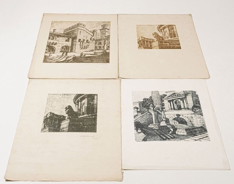 Martinenghi Giuseppe Roberto (Londra, 27 dicembre 1894 – Milano, 13 ottobre 1970) Settantadue stampe multiple in xilografia stampate a colori differenti raffiguranti scorci di città storiche veri e d'invenzione, Anni trenta del secolo XX.  - Auction Prints, Views and Maps - Cambi Casa d'Aste