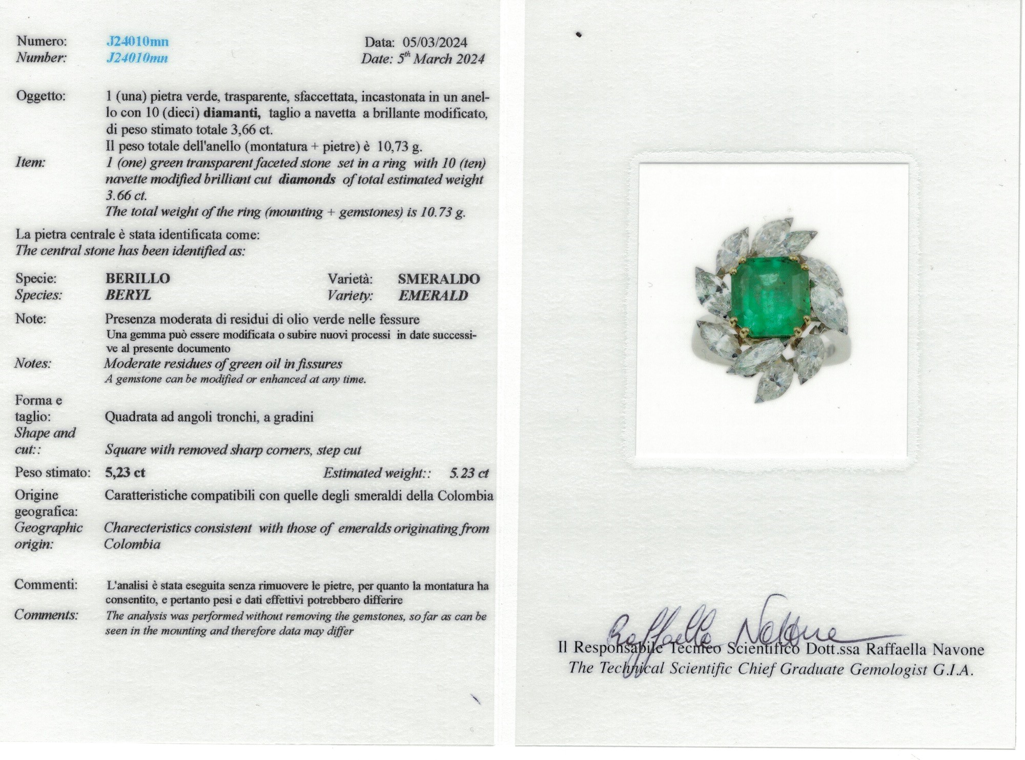 Anello con Smeraldo Colombia di Ct 4.98 Circa e Diamanti Taglio Navette