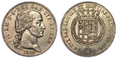Regno di Sardegna. Vittorio Emanuele i di Savoia, 1802-1821. 5 Lire 1819.