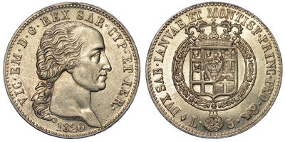 Regno di Sardegna. Vittorio Emanuele i di Savoia, 1802-1821. 5 Lire 1820.