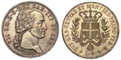 Regno di Sardegna. Vittorio Emanuele i di Savoia, 1802-1821. 5 Lire 1821.