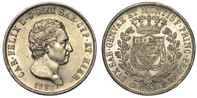 Regno di Sardegna. Carlo Felice di Savoia, 1821-1831 5 Lire 1828. Genova.