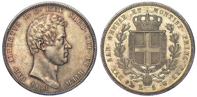 Regno di Sardegna. Carlo Alberto di Savoia, 1831-1849. 5 Lire 1833. Genova.