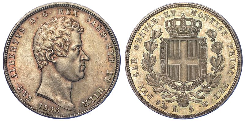 REGNO DI SARDEGNA. CARLO ALBERTO DI SAVOIA, 1831-1849. 5 Lire 1833. Genova.  - Auction Numismatics - Cambi Casa d'Aste