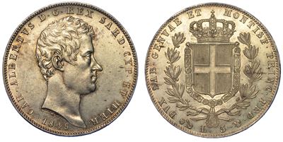 Regno di Sardegna. Carlo Alberto di Savoia, 1831-1849. 5 Lire 1849. Genova.