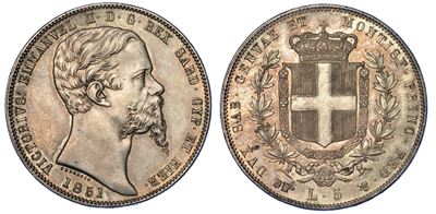 Regno di Sardegna. Vittorio Emanuele II di Savoia, 1849-1861. 5 Lire 1851. Torino.