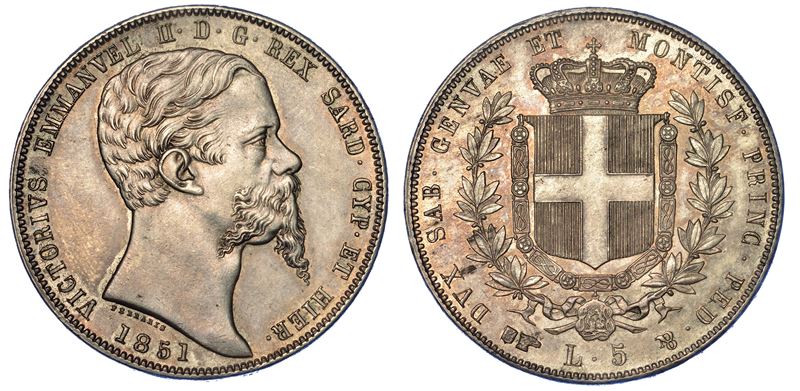 REGNO DI SARDEGNA. VITTORIO EMANUELE II DI SAVOIA, 1849-1861. 5 Lire 1851. Torino.  - Auction Numismatics - Cambi Casa d'Aste
