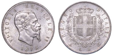 Regno D’italia. Vittorio Emanuele II di Savoia, 1861-1878. 5 Lire 1875. Milano.