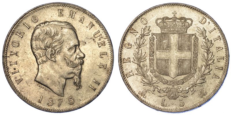 REGNO D’ITALIA. VITTORIO EMANUELE II DI SAVOIA, 1861-1878. 5 Lire 1875. Milano.  - Auction Numismatics - Cambi Casa d'Aste