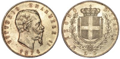Regno D’italia. Vittorio Emanuele II di Savoia, 1861-1878. 5 Lire 1876. Roma.