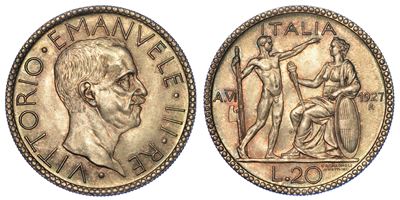 Regno D’italia. Vittorio Emanuele III di Savoia, 1900-1946. 20 Lire 1927/a. Vi. Littore.